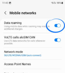 With a Samsung eSIM, Data Roaming must be on