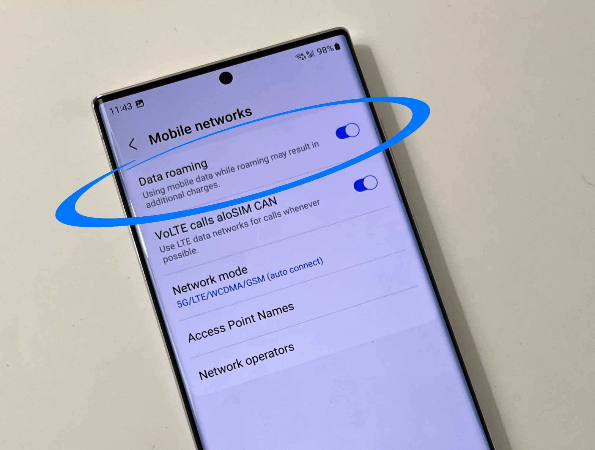 Samsung eSIM activation _ Make sure your Samsung eSIM has Data Roaming ON