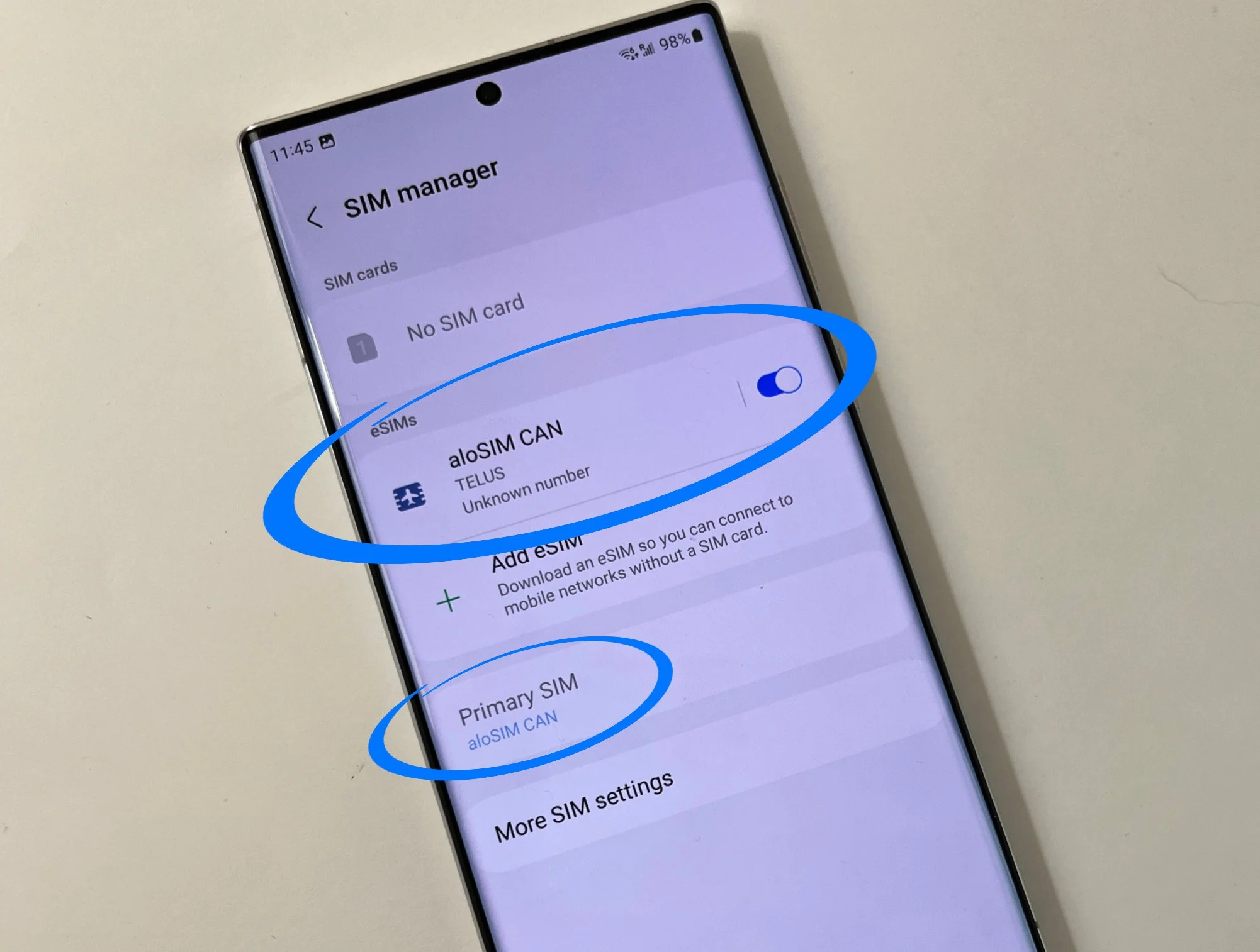 Samsung eSIM activation / Make sure your Samsung eSIM is on and selected to be your Primary SIM