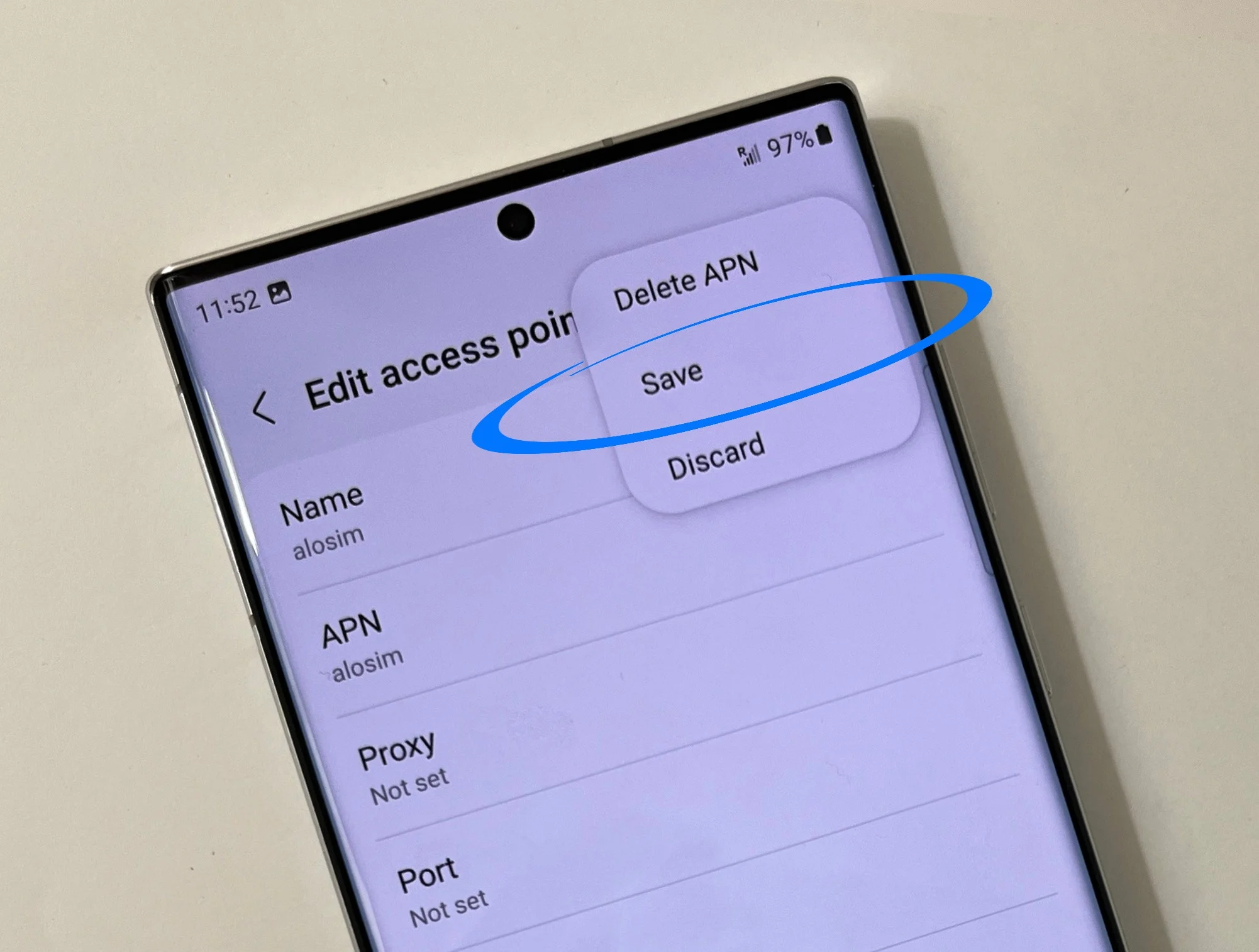 Samsung eSIM activation / Set your APN Access Point Name to alosim in the Name and APN fields and hit Save