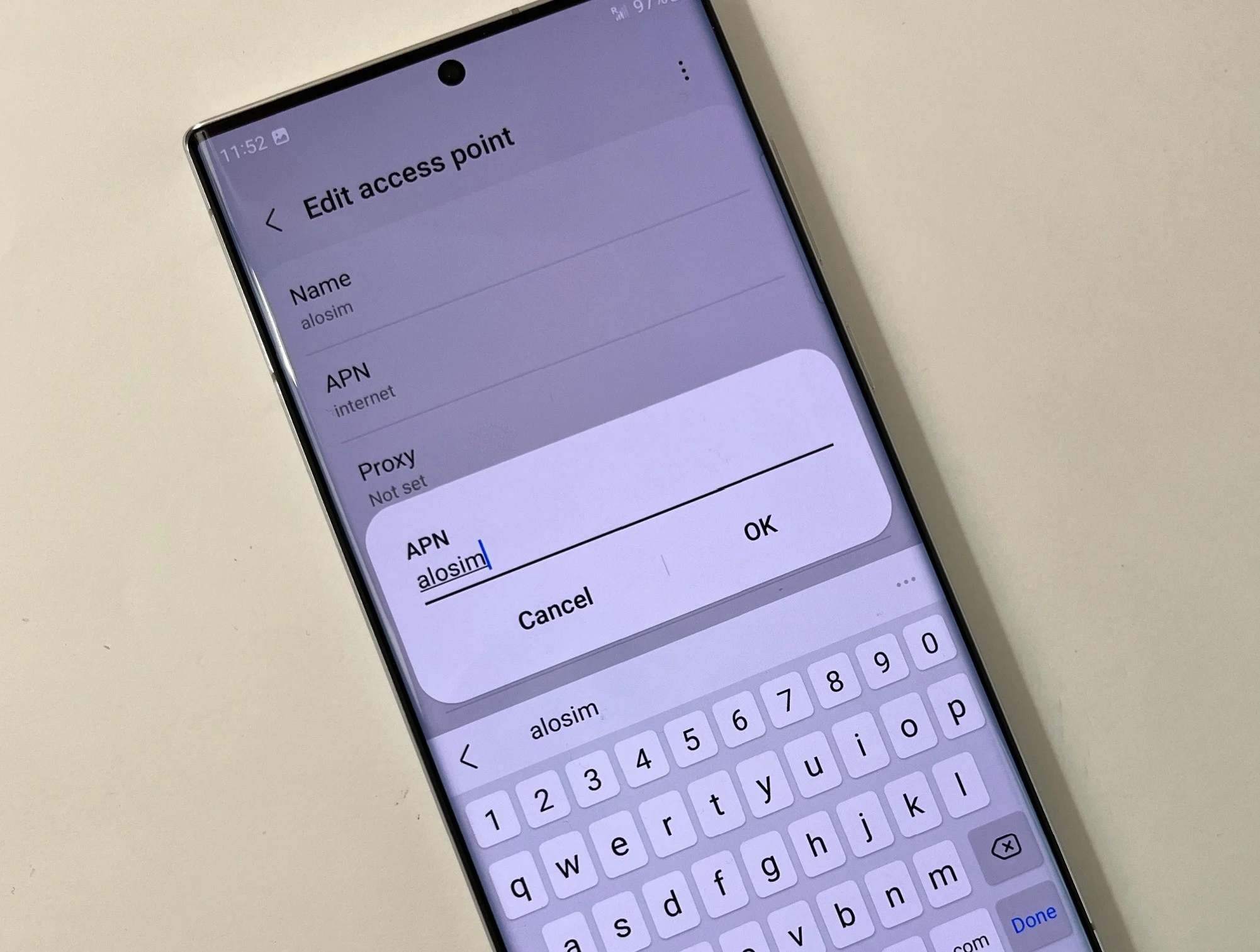 Samsung eSIM activation / Set your APN Access Point Name to alosim in the Name and APN fields