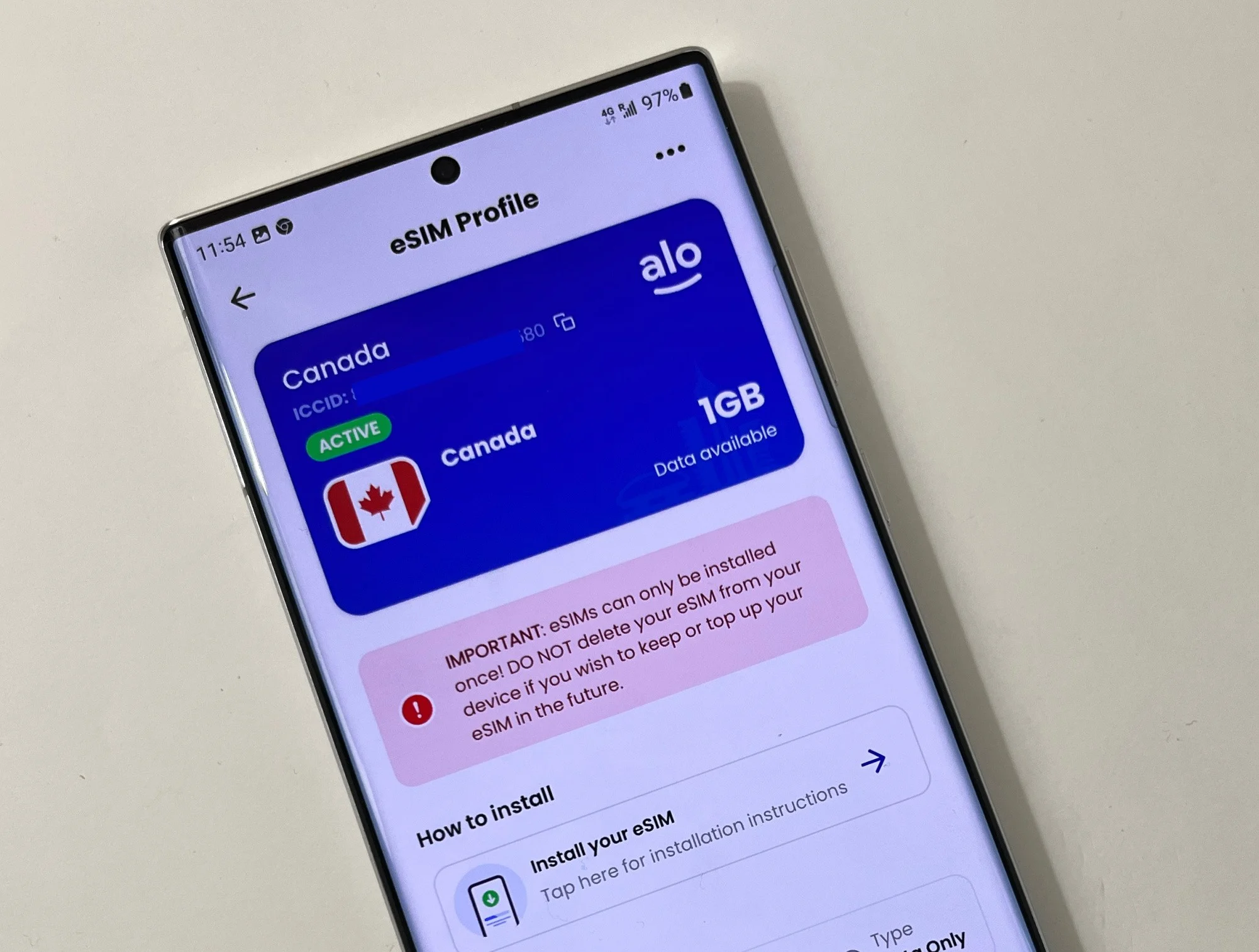 Samsung eSIM activation / Your aloSIM data package should now be active
