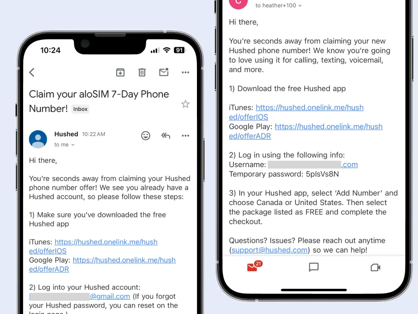 663d2c155d62b-Check your email to log into Hushed and claim your free phone number